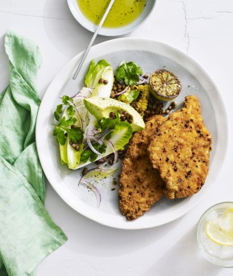 Chicken Schnitzel with Chargrilled Corn and Lentil Salad