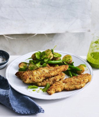 Chicken Breast Strips with Warm Potato and Watercress Pesto Salad