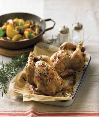 Whole Roasted Spatchcock with Rosemary and Thyme Pomme Salardaise