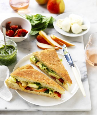 Pesto, Semi Dried Tomato, Pear and Bocconcini Toasties