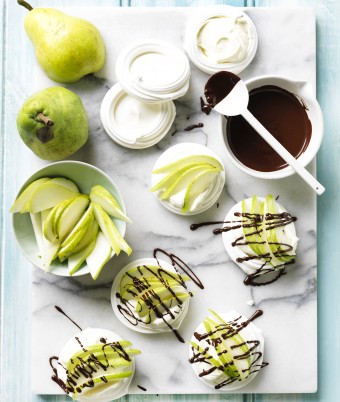 Pear Pavlova Nests with Chocolate
