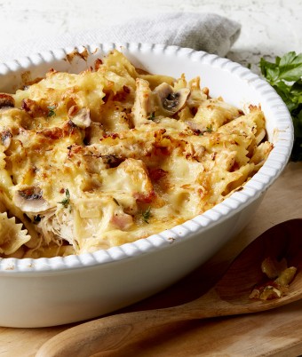 Lemon Chicken Bacon Mushroom Pasta Bake