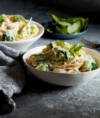 Broccoli and Snow Pea Fettucine with Garlic and Herb Ricotta