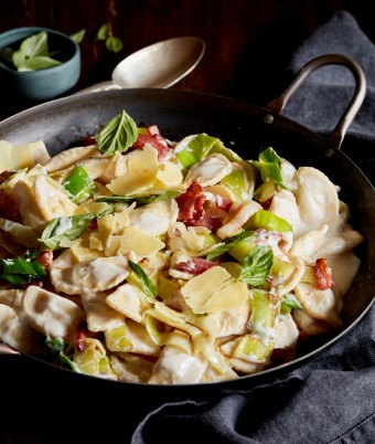 Bacon and Leek Spaghetti Agnolotti with 4 Cheese Ricotta