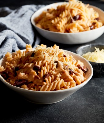 Olive and Toasted Pine Nuts Fusilli with Sundried Tomato Ricotta