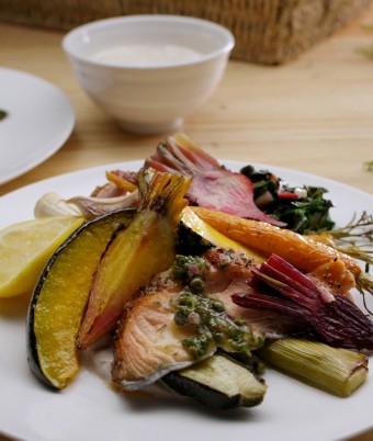 Roast Winter Vegetables with Wood Smoked Salmon, Salsa Verde and Tahini and Lemon Yoghurt