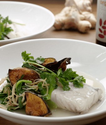 Miso Poached Barra, Roasted Pumpkin and Pak Choi Salad with a Warm Ginger Dressing