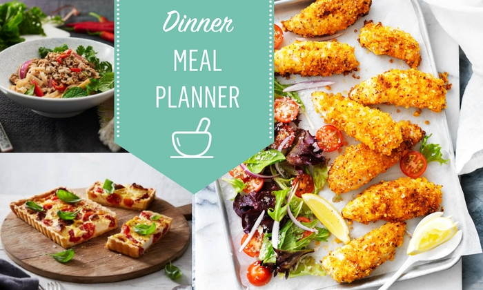Easy to follow weekly dinner meal plan with seven easy dinner recipes and two tasty desserts. 