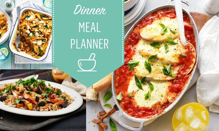 Easy to follow dinner meal plan with seven dinner recipes and two dessert recipe. 