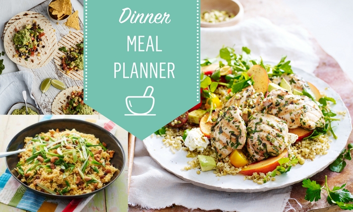 Easy dinner meal plan with seven dinner recipes and two dessert recipes.