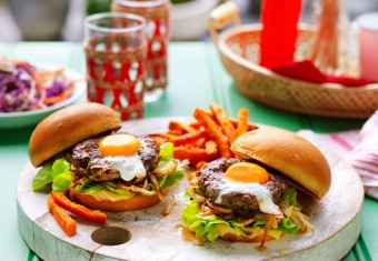 Barbecued burgers with Eggs and herb burger patties
