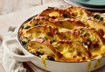 Breakfast casserole with bread and bacon
