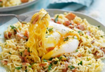 Cheat's pasta carbonara made with 2-minute noodles and a poached egg