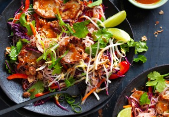 Satay Pork Vermicelli Rice Noodle Salad with fresh salad and herbs