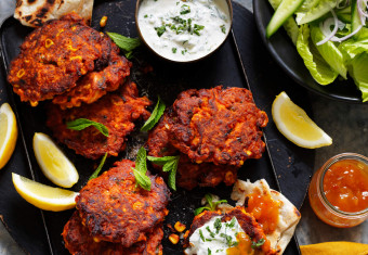Butter chicken fritters with vegetables and sweet potato