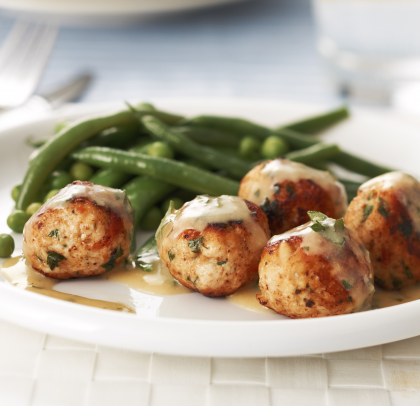Chicken and sun-dried tomato meatballs with creamy mustard sauce