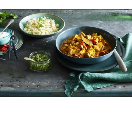 Coconut Chicken Curry with Cauliflower Rice and Coriander Pesto
