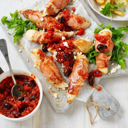 Roast Pancetta Chicken with Tomato and Olive Relish