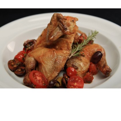Butterflied Spatchcock with Tomato, Olive and Caper Sauce