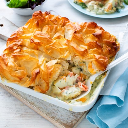 Creamy Fish Pie With Salmon, Egg and Filo Pastry