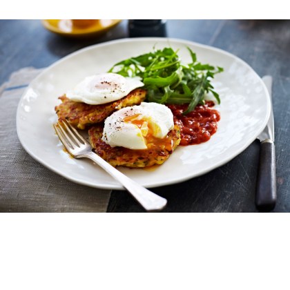 Cheesy Corn and Zucchini Fritters Poached Eggs and Tomato Relish