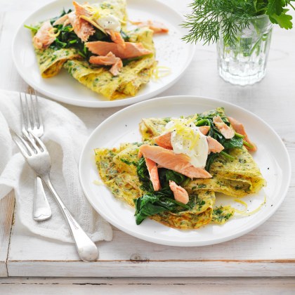 Herb Omelettes with Wilted Spinach and Smoked Fish