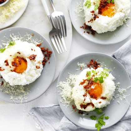 Cloud Eggs with Pancetta Crumbs and Gruyere