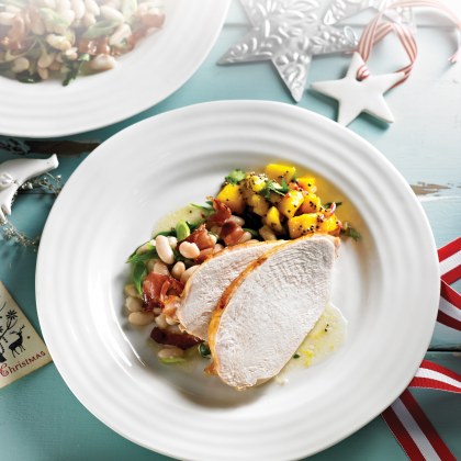Barbecued Turkey Breast with a Salad of White Beans, Pancetta and Spiced Mango Chutney