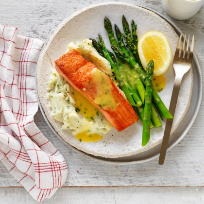 Garlic and Herb Buttery Mash with Salmon and Lemon Butter Sauce