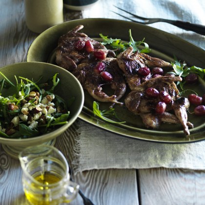 Grilled Butterflied Quail with Red Grapes and Rocket, Feta and Almond Salad