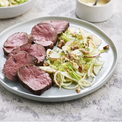 Roast Eye Fillet with Shaved Celery, Apple and Fennel Salad and Blue Cheese Dressing