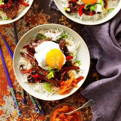 Korean BBQ beef bowl with kimchi and fried egg