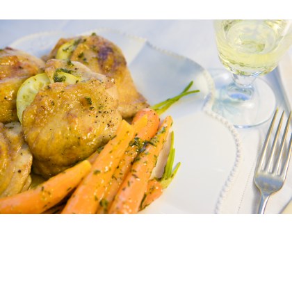 Lemon & Rosemary Roast Chicken with Chives & Thyme Dutch Carrots