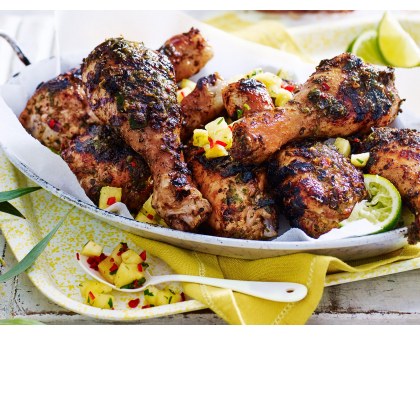 Jerk Chicken Drumsticks with Pineapple Chilli Salsa and Coconut Basmati Rice