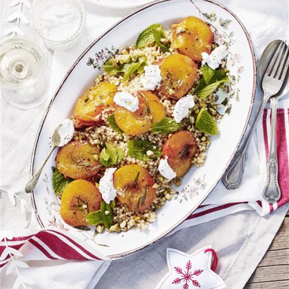 Roasted Rosemary Peaches and Pearl Couscous Salad with Labne