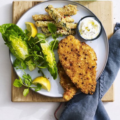 Chicken Schnitzel with Parmesan and Sesame Seed Zucchini Chips