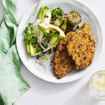 Chicken Schnitzel with Chargrilled Corn and Lentil Salad