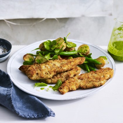 Chicken Breast Strips with Warm Potato and Watercress Pesto Salad