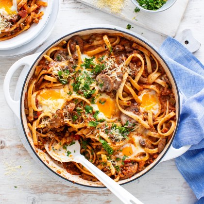 Mushroom Lentil Pasta Ragu with Eggs