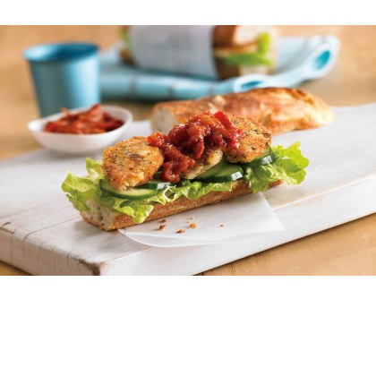Crispy Crumbed Quail Baguette with Roasted Tomato Chilli Jam