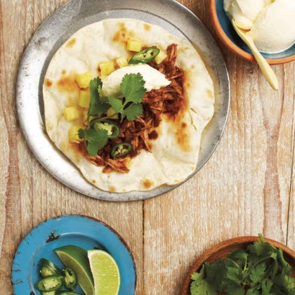 Slow Cooked Pork, Pineapple and Sour Cream Tacos