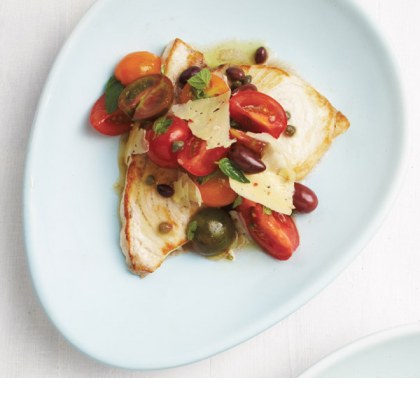 Swordfish with Sicilian Tomato, Olive and Chilli Pecorino Salad