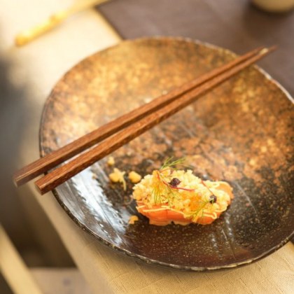 Dilmah Peach Tea, orange-cured ocean trout slice, mascarpone, macadamia nut, sesame crumble, olive jam