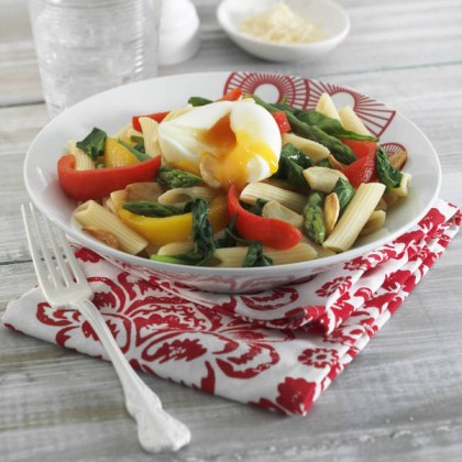 Spinach and Asparagus Pasta with Soft Boiled Egg