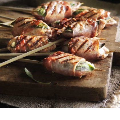BBQ Quail Skewers Wrapped in Pancetta with Sage