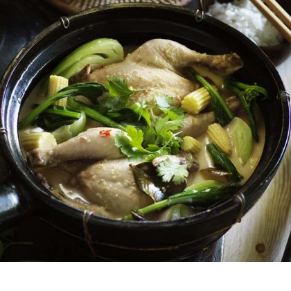 Coconut Poached Spatchcock with Asian Greens