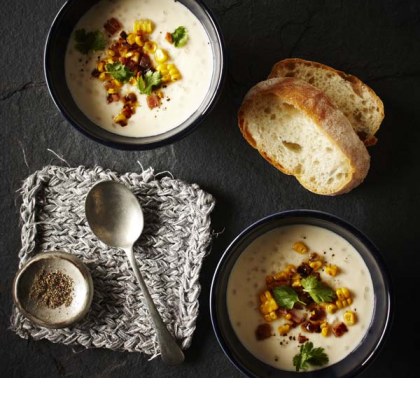 Hot Yoghurt Soup with Corn, Bacon and Coriander