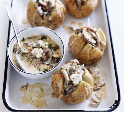 Baked Potatoes with Mushrooms & Bacon Sauce