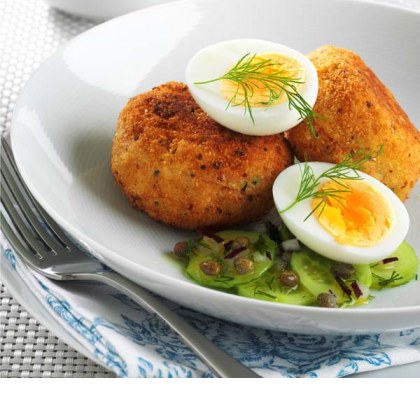 Smoked Trout Patties with Soft Boiled Egg and Cucumber, Dill and Caper Salad