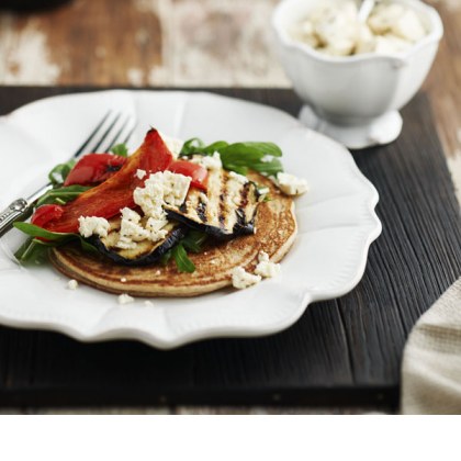 Buckwheat Pancakes with Grilled Vegetables and Feta